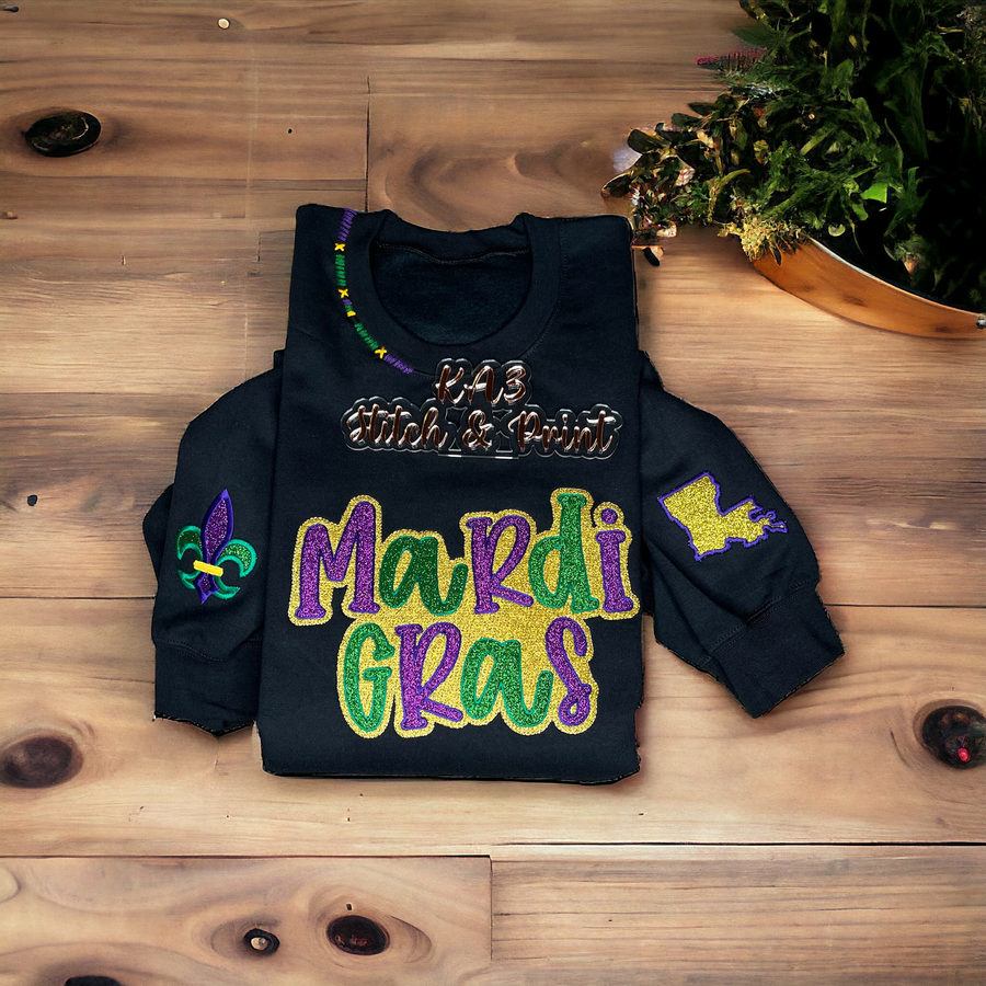 – Glittered Gras Print, & KA3 Mardi Sweatshirt LLC Stitch