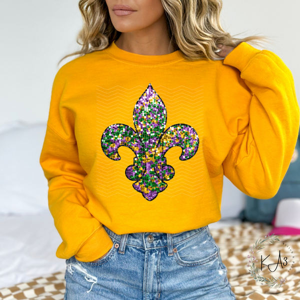 Mardi Gras Color Block Half Zip Up Hoodie with Fleur De Lis Sequin